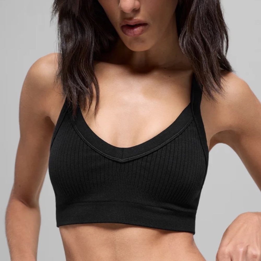 Alo Yoga Wellness Bra Black Ribbed V-Neck Adjustable Racerback Women Large